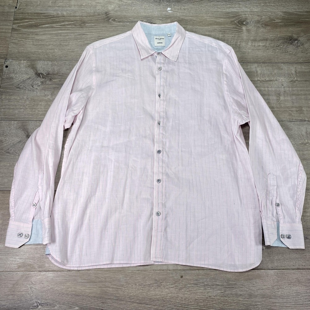 Baird McNutt Murano Shirt Mens XL Pink Blue Stripe Linen Cotton Casual Button Up